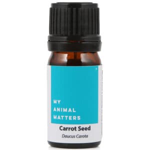A bottle of carrot seed essential oil from My Animal Matters